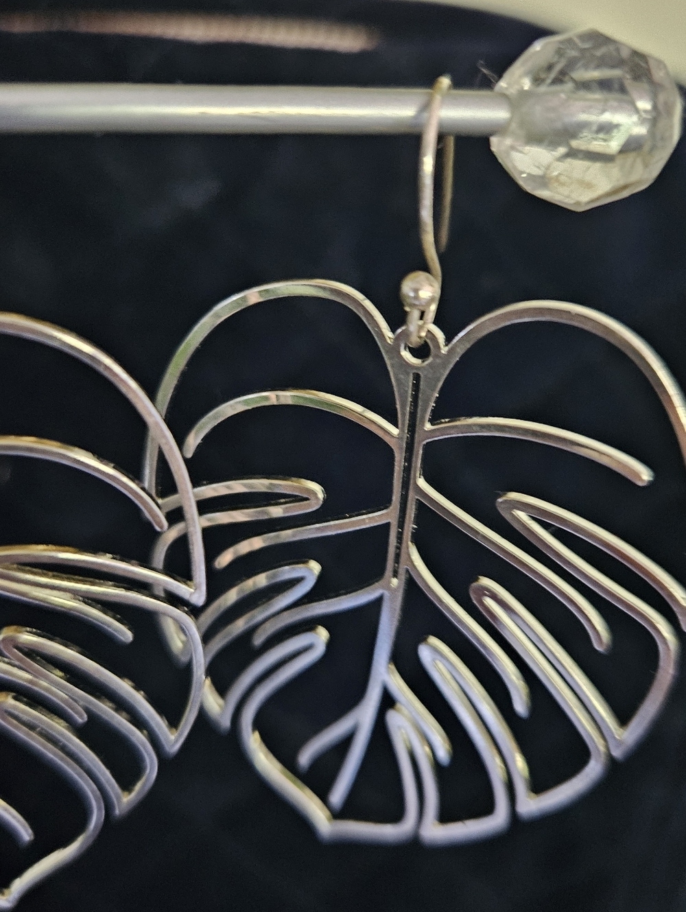 Silver Monstera Leaf Drop Earrings - Picture 2 of 3